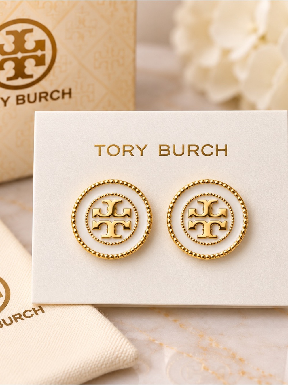 Tory Burch Gold Logo Beaded Circle Stud Earrings